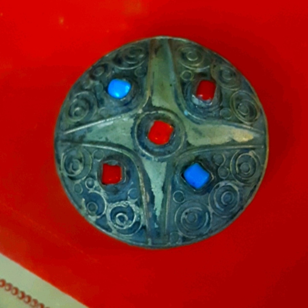 Old Vintage Pill Box Small Turquoise and Red Jasper Stone tin metal Container